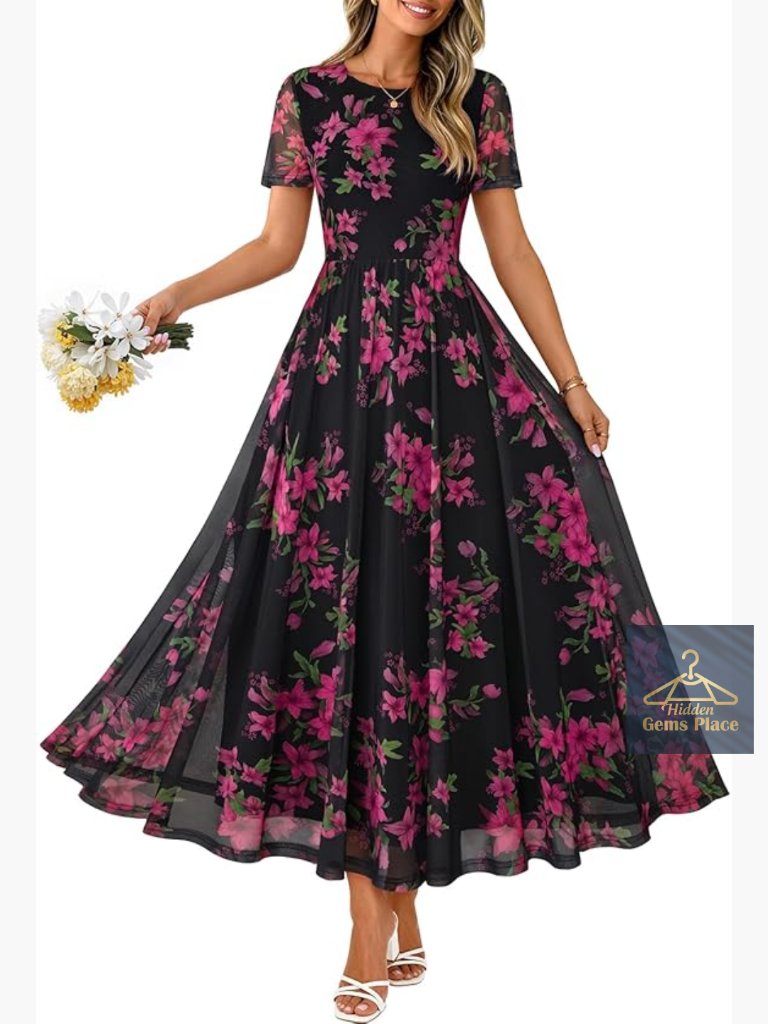 Floral Mesh Maxi Dress With Pockets, Short Sleeve, Wedding Guest Beach Formal